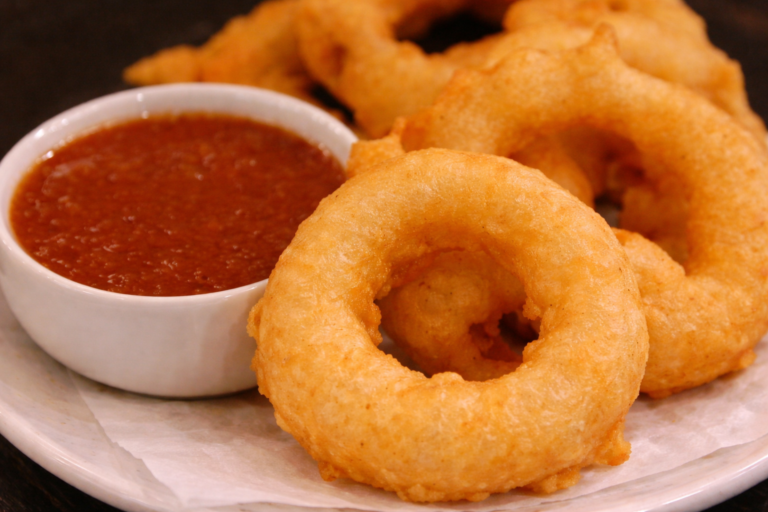 Beer Battered Onion Rings with Spicy Sweet Cocktail Sauce