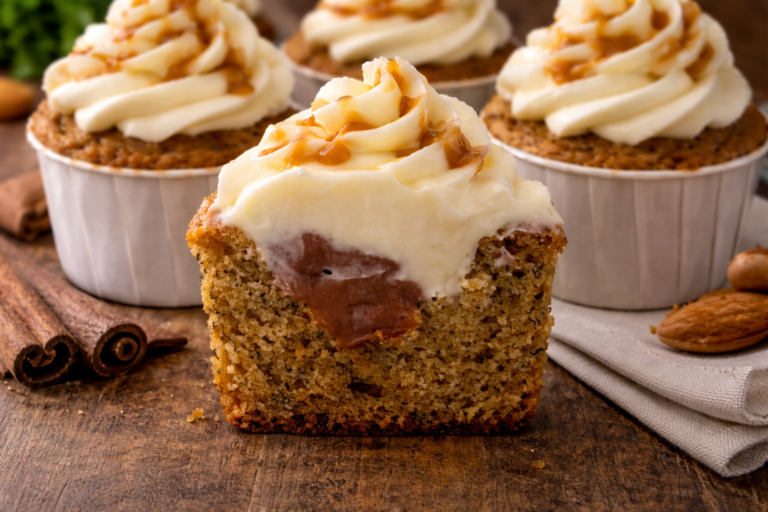 Banana Cupcakes with Dulce de Leche Filling and Browned Butter Cream Cheese Frosting